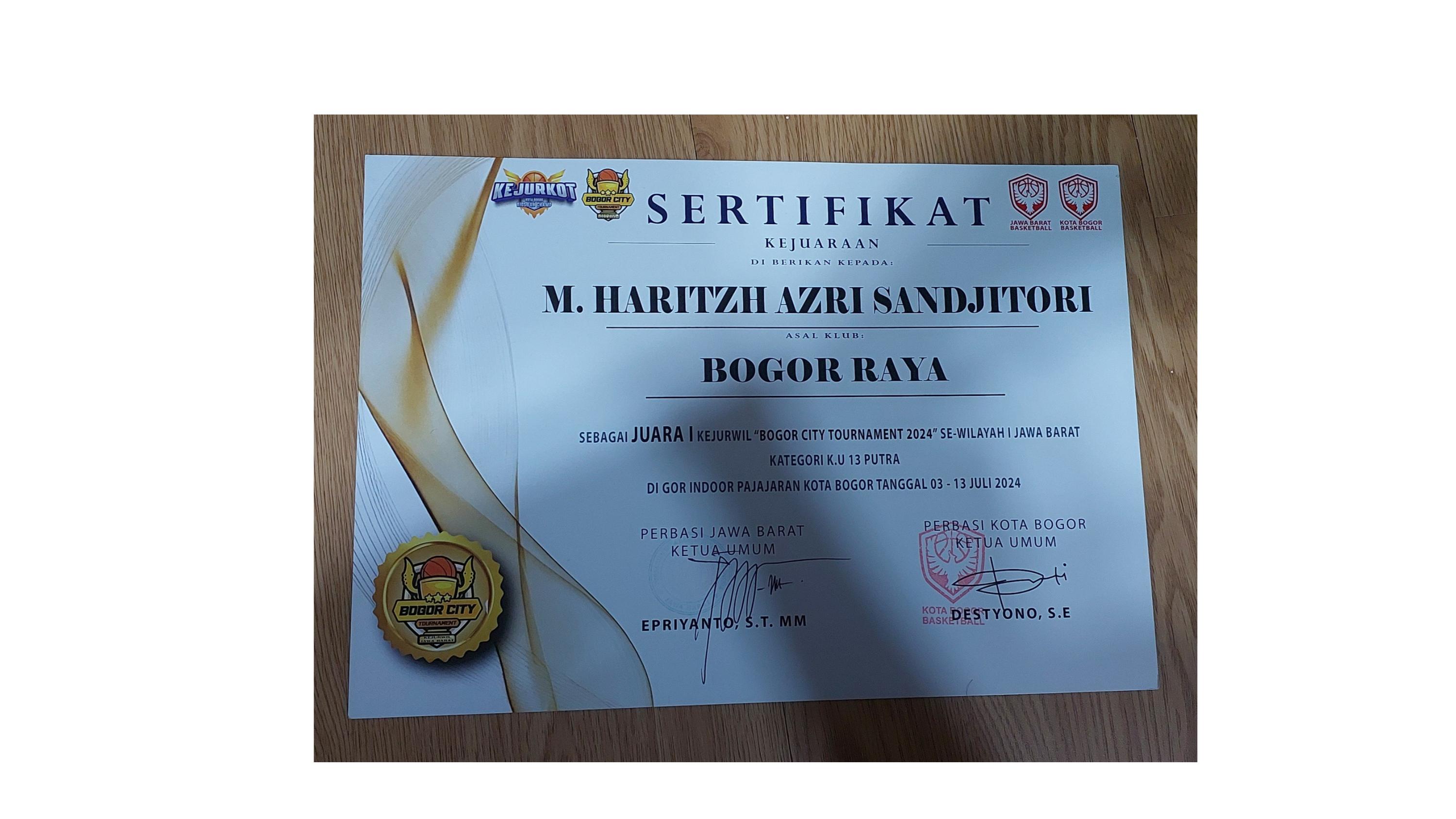 Sertifikat Juara 1 Bogor City Tournament 2024