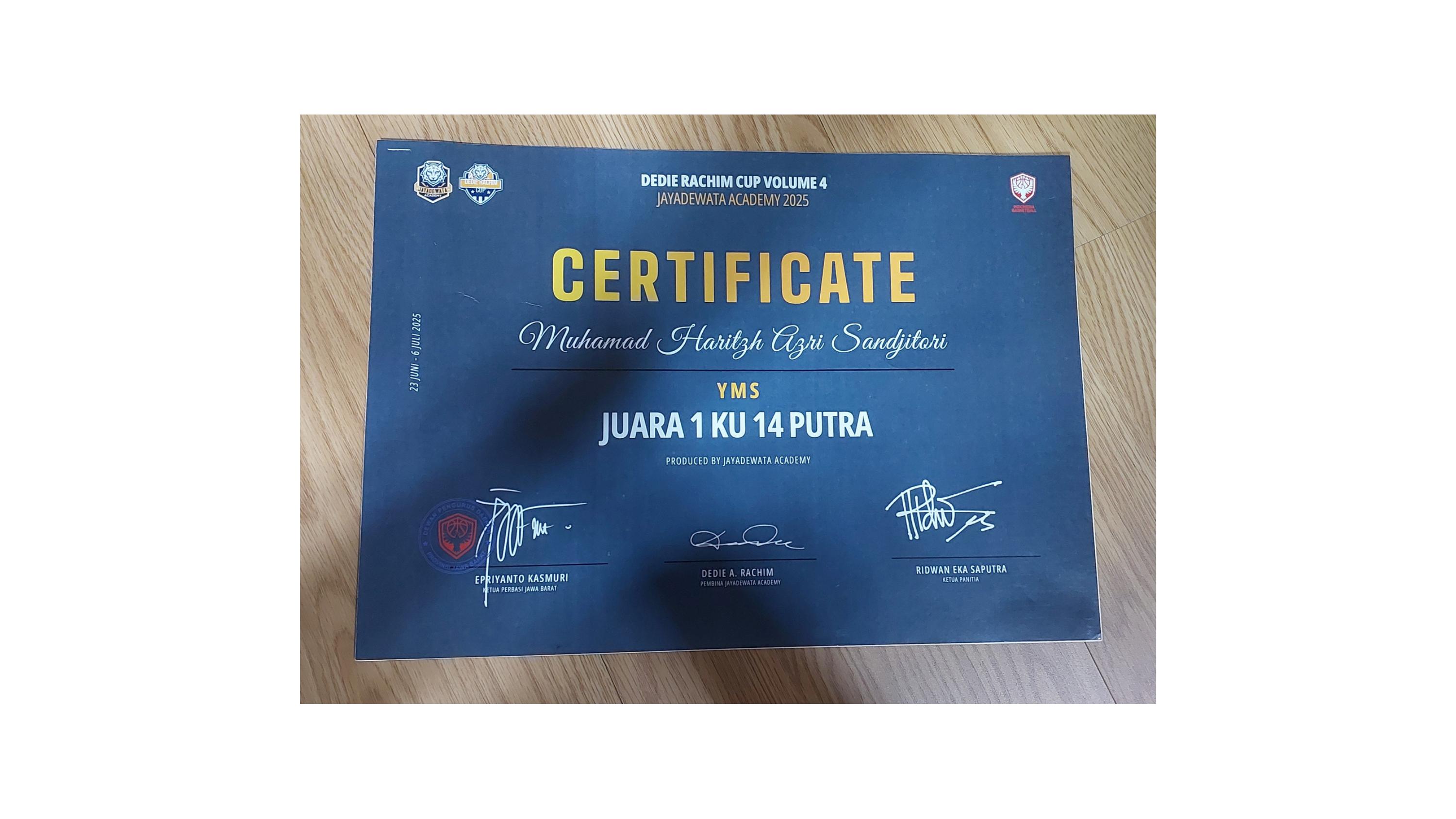 Sertifikat Juara 1 Dedie Rachim Cup Volume 4