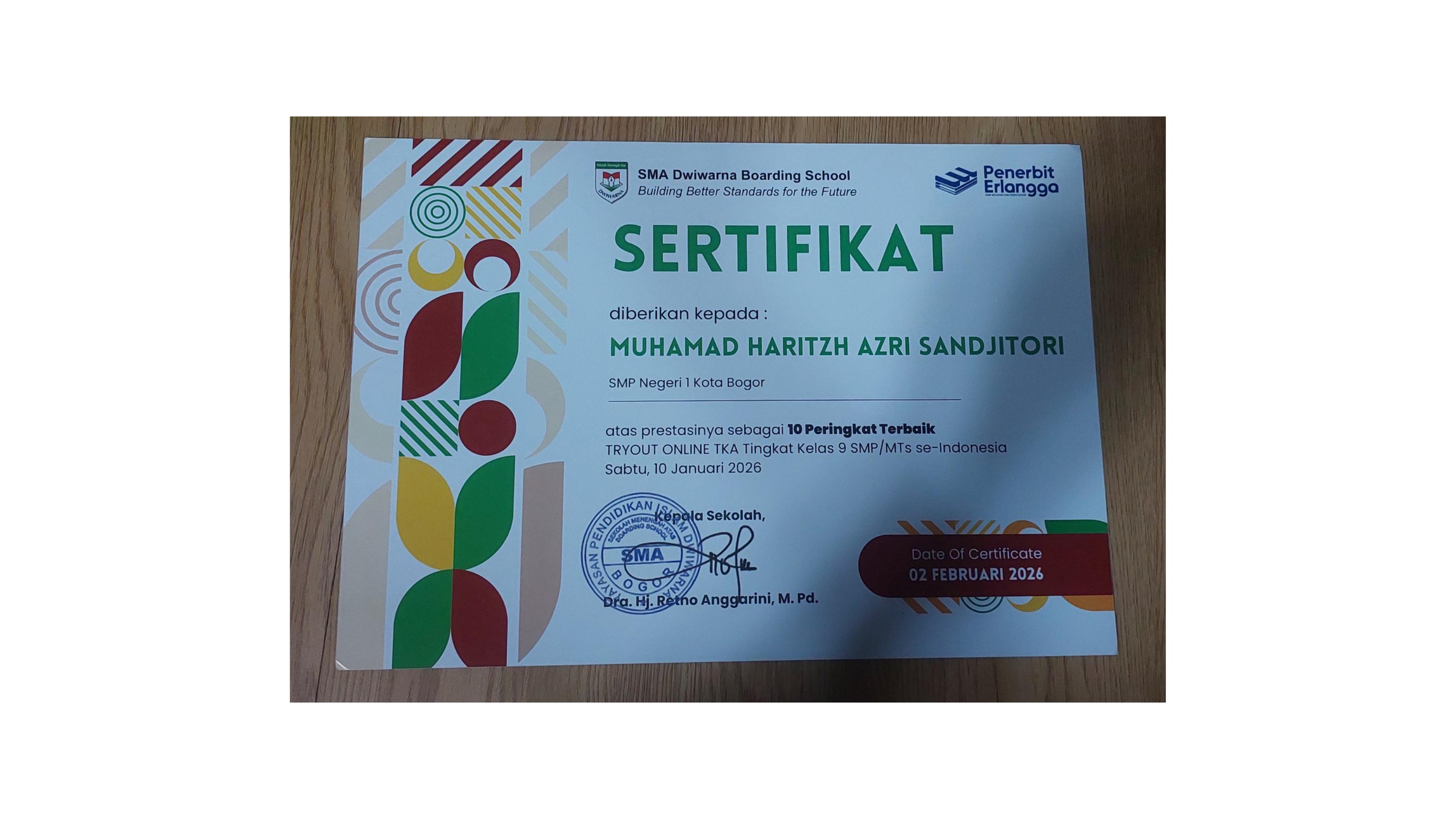 Sertifikat 10 Peringkat Terbaik Tryout Online TKA
